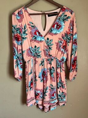 MINKPINK Pink Floral Surplice Romper with Teal & Red Accents